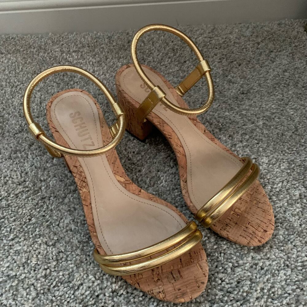 Schutz Gimenez Evereve Leather Sandals w/ Cork Heel - Size 5 - EUC - Picture 6 of 16